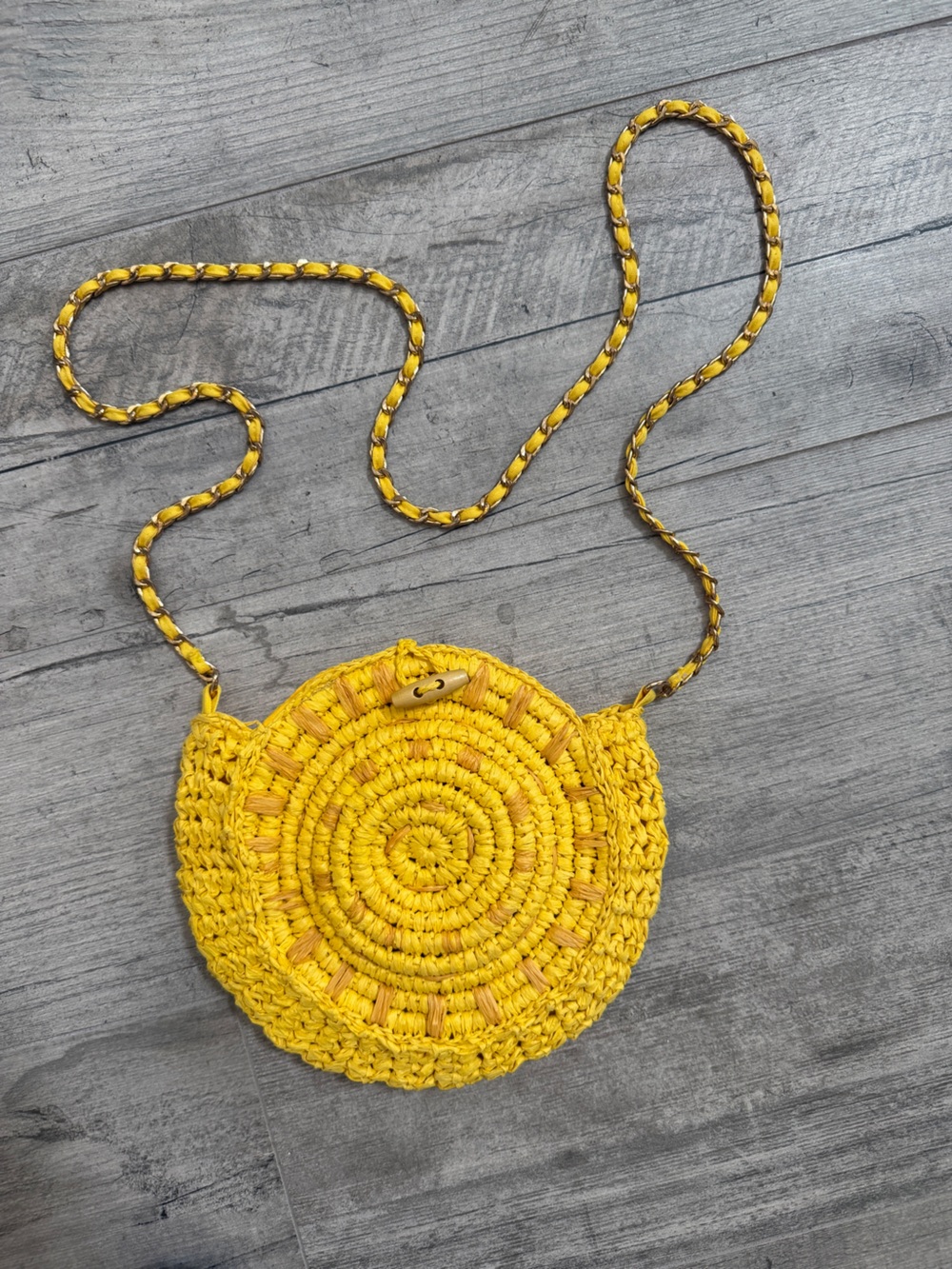 INC Boho Vibrant Yellow Woven Crochet Round Crossbody Bag w/ chain